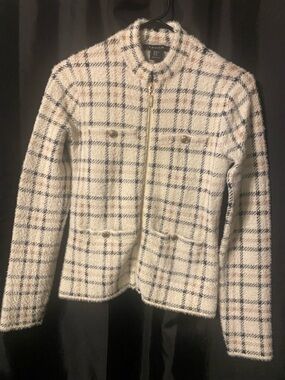 Tahari Cream Plaid Tweed Zip-Up Jacket with Navy and Tan Windowpane